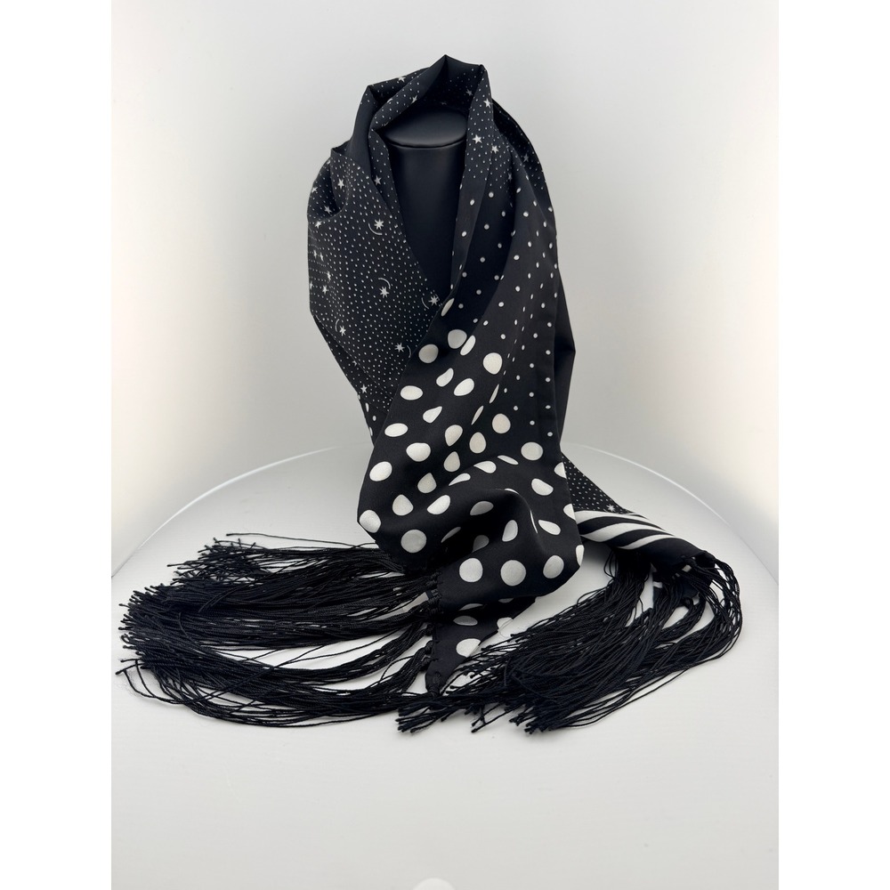 NWT Gap Skinny Scarf Black Mixed Print Celestial Stars Polka Dots Fringe Indie